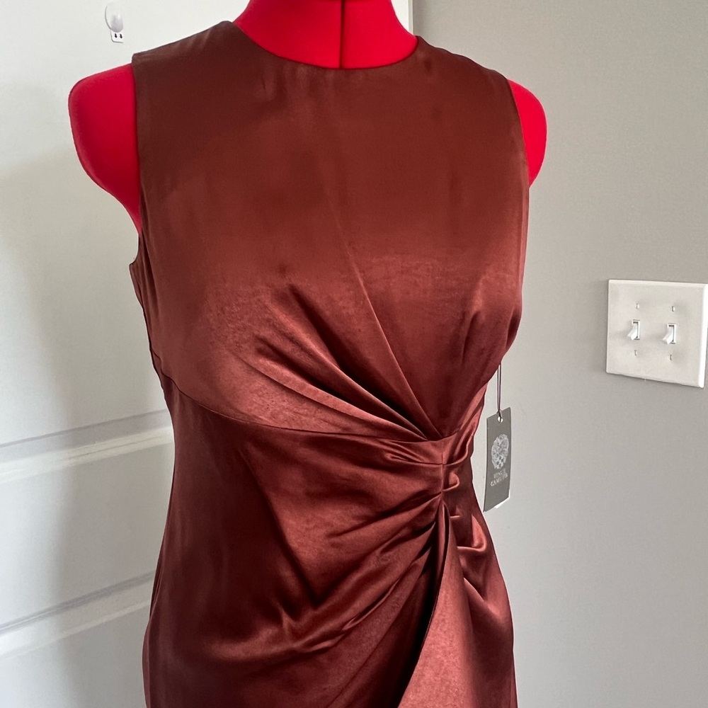 Vince Camuto Brown Satin Twist-Front Midi Dress